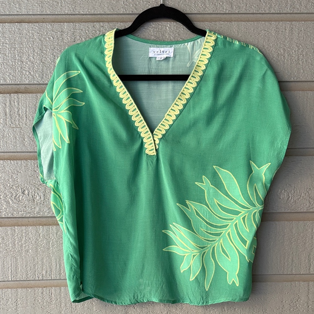 EUC Velvet brand Green and Yellow Leaf Print Top